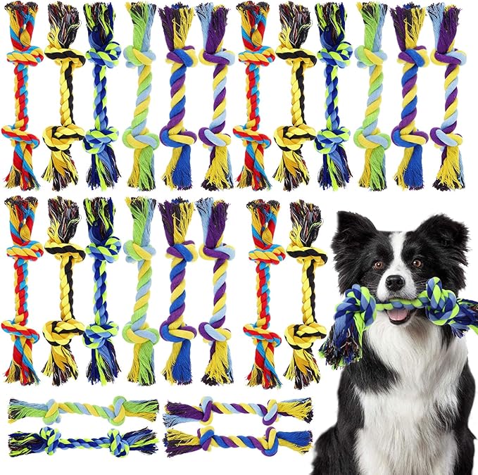 Glimin 24 Pack Large Dog Rope Toys 10 Inch Chew Toys Bulk Natural Cotton Dog 2 Knot Dog Toy 2 Knots Chew Rope Toy Teething Rope Toys for Aggressive Chewers and Medium Dogs