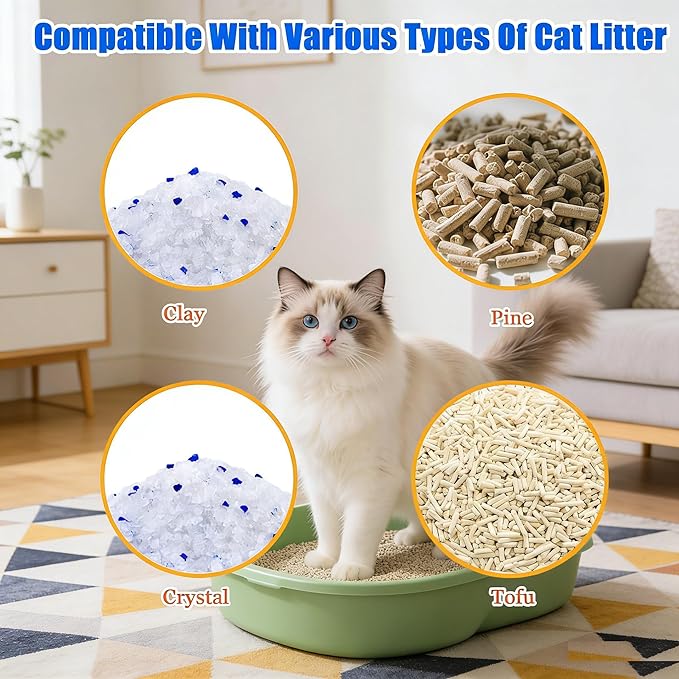 Cat Litter Scoop Metal 304 Stainless Steel, One-Piece Pressed Design with No Weld Spots, Durable Anti-Break Handle, Dual Slot Sizes, with Holder Stand, Easy to Clean, Filters Small Litter Clumps