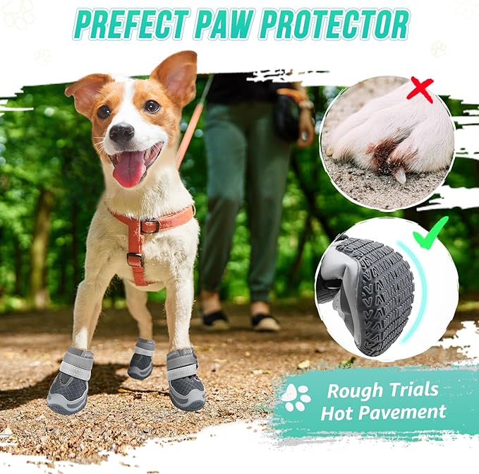 SlowTon Dog Shoes for Large Dogs - Mesh Breathable Dog Boots for Hot Pavement Summer Winter Snow, Anti-Slip Reflective Dog Booties Paw Protector for Outdoor Walking, Indoor Hardfloors(Grey,8)