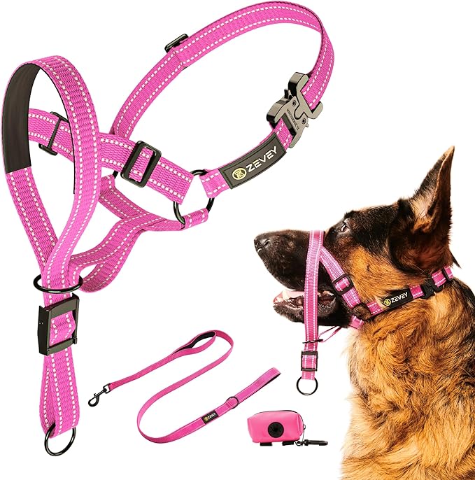 Dog Headcollar With Leash And Safety Strap Stops Heavy Pulling On The Leash Padded Reflective Head Halter For Small Medium Large Dogs Adjustable Head Harness For Training And Walking, (XL, Pink)