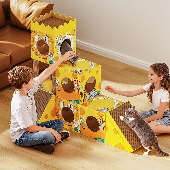 DIY Cat Tree, Multi-Level Cat Tower with Scratching Posts, Scratching Board, Tunnel & Playhouse for Kittens & Multiple Cats, Recyclable Cardboard, 48.8"×25"×40.2", Yellow Mouse