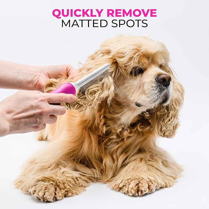 Poodle Pet Bundle - Dematting Fur Rake Comb Brush Tool with Steel Safety Blades and Detangling Pet Comb with Long + Short Stainless Steel Teeth for Detangling Matted or Knotted Undercoat Hair (Pink)