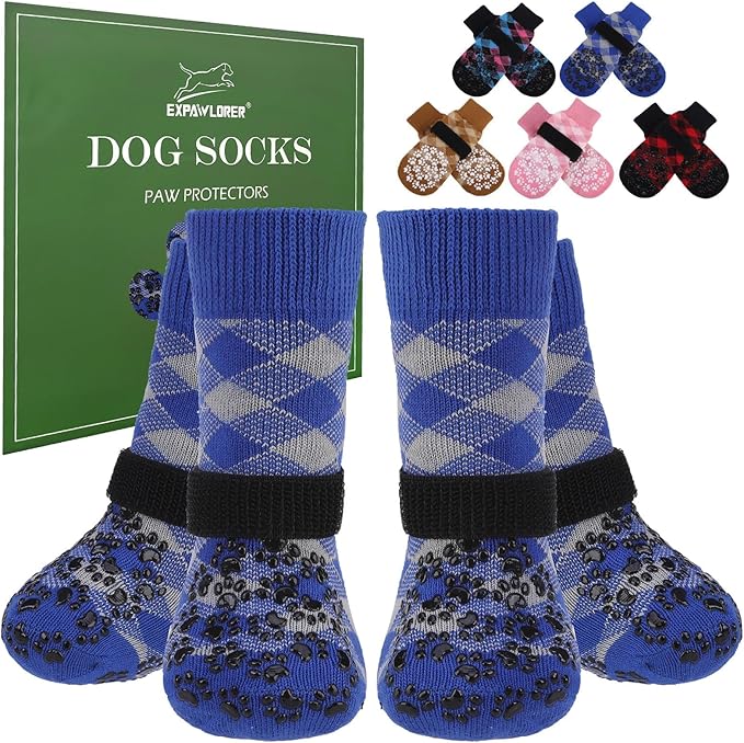 EXPAWLORER Dog Socks for Cold Winter Snow to Prevent Licking Paws, Anti Slip Doggie Booties Grippy Shoes for Hardwood Floors, Boots & Paw Protectors for Small Medium Large Senior Dogs Blue S