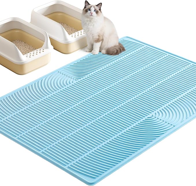 TRZZ XXL Extra Large Cat Litter Mat, Silicone Litter Box Mat for Floor, Waterproof & Non-Slip, Easy to Clean, Cat Litter Trapping Mat & Kitty Litter Catcher for Scatter Control (Blue)