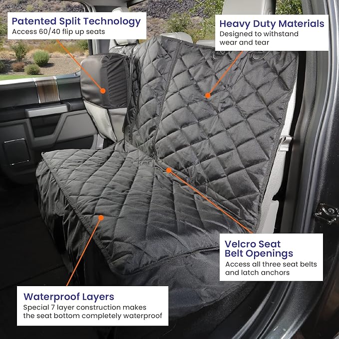 4Knines Bench Seat Covers for Trucks with Dog Hammock & Split-Tech - Rear Seat Protector for Dogs Fits Full Size Crew Cab with Split Bench Seats - Waterproof Dog Seat Cover (Passenger Side, Camo)