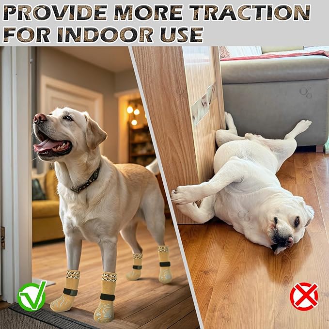 EXPAWLORER Dog Socks for Cold Winter Snow to Prevent Licking Paws, Anti Slip Doggie Grippy Booties Shoes for Hardwood Floors, Boots & Paw Protectors for Small Medium Large Senior Dogs Khaki M