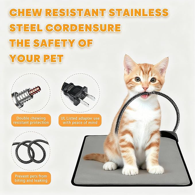 Pet Heating Pad for Cats & Dogs,Safe Electric Cat Warming Pad with Chew Resistant Cord,Automatic Induction Heated Cat Bed,Adjustable Temperature & Time (Light Grey, 17.7" x 17.7")