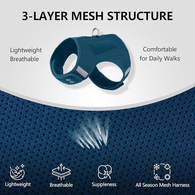 Dog Harness for Puppy – Adjustable Reflective Easy Put On Soft Mesh Vest for Small Dogs with 2 Patches (Prussian Blue,XXS)