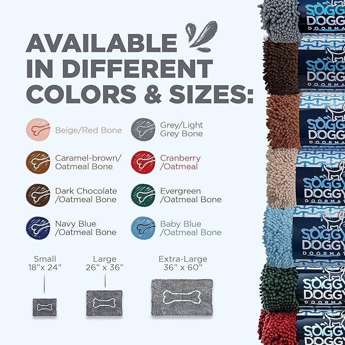 Soggy Doggy Doormat with Bone Design - Ultra Absorbent Microfiber Chenille Wet Dog Mat for Muddy Paws - Non-Slip and Machine Washable (Grey/Light Grey Bone, Large 26” x 36”)