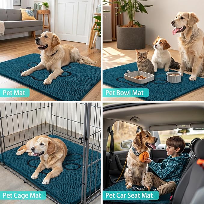 Smiry Dog Door Mat for Muddy Paws, Absorbent Dirt Trapper Non Slip Quick Dry Washable Chenille Mat for Mud Dogs, Entry Rug for Indoor and Outdoor (30x20 Inches, Atlantic Blue and Black)