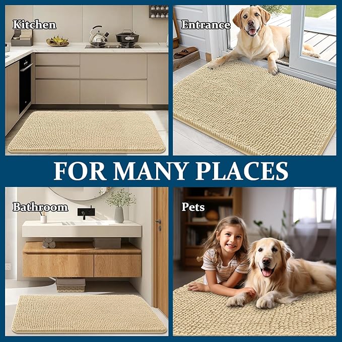 OLANLY Dog Door Mat for Muddy Paws 24x16, Absorbs Moisture and Dirt, Absorbent Non-Slip Washable Doormat, Quick Dry Chenille Mud Mat for Dogs, Entry Indoor Entryway Carpet for Inside Floor, Sand