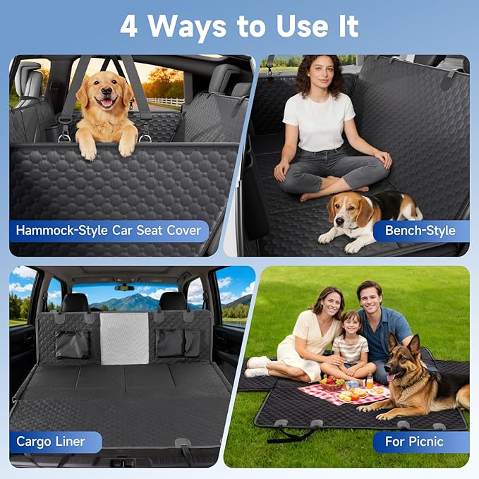 REDASW Dog Car Seat Cover for Back Seat Waterproof Oxford Fabric, Hard Bottom Seat Extender, Scratchproof, Anti-Slip, Dog Hammock for Car with Mesh Window, Fit Full Size Truck, Black