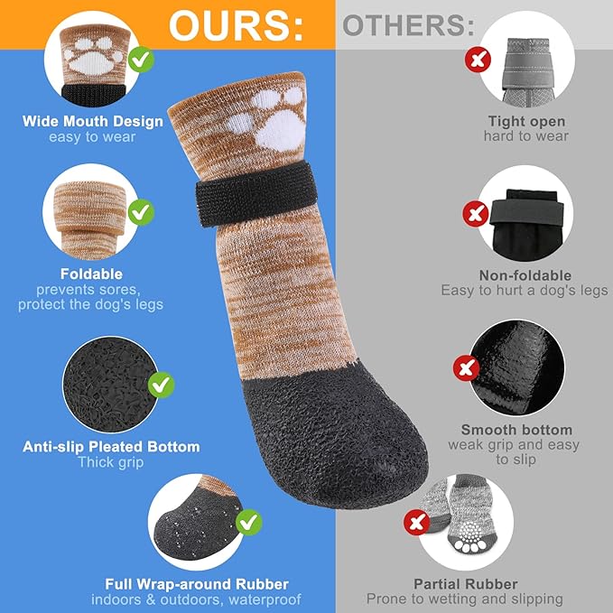 BEAUTYZOO Anti Slip Dog Socks Boots, Dog Shoes for Hot/Cold Pavement Snow Rain Days,Waterproof Grip Dog Booties Paw Protector for Hardwood Floor, Prevent Licking for Small Medium Large Senior Old Dogs