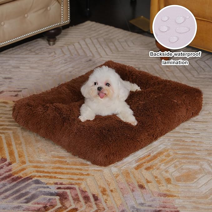 Bedfolks Waterproof Crate Bed, Plush Dog & Cat Kennel Pad with Removable Cover, Faux Fur, Washable, 21"x13", Solid Brown