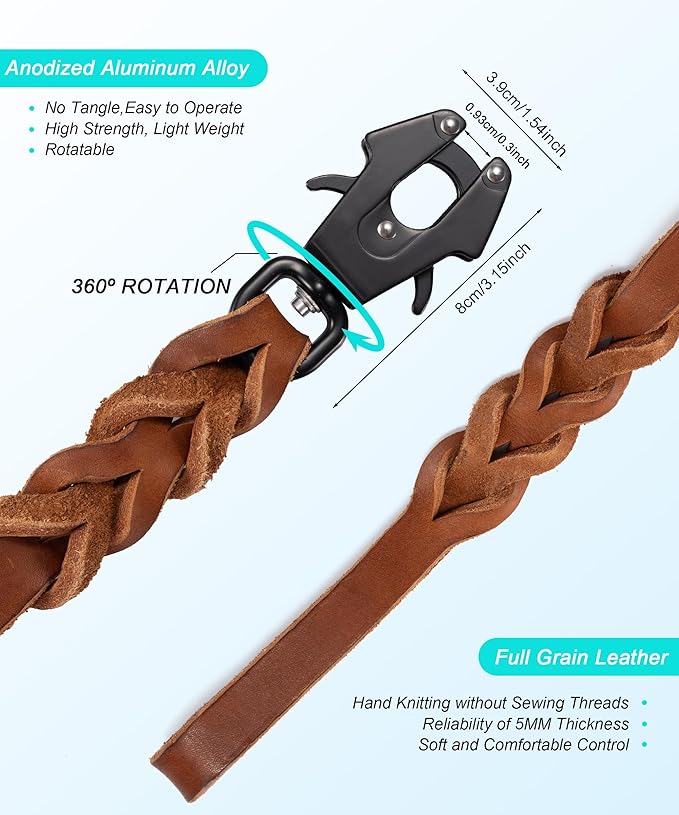 GEIT 4/5/6FT Leather Dog Leash, Heavy Duty Dog Training Leashes, Genuine Leather Braided Leash with Quick Release/Locking Tactical Frog Clip for Medium and Large Dogs