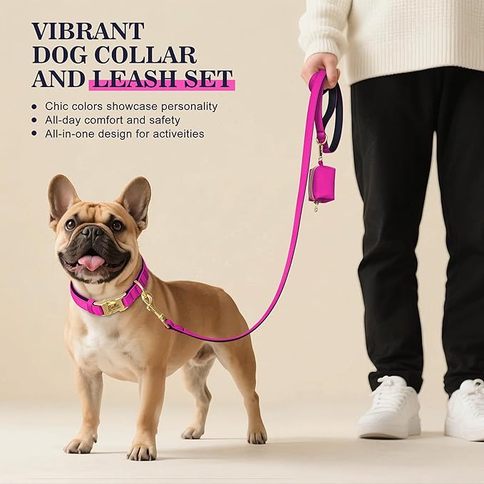 PET ARTIST Colorful Personalized Dog Collars, Custom Dog Collar with Silent Engraved ID Tag, Lightweight Breathable Nylon & Soft Padded, Matching Leash & Poop Bag for Large Dogs,Rose,L Fit 15-23"