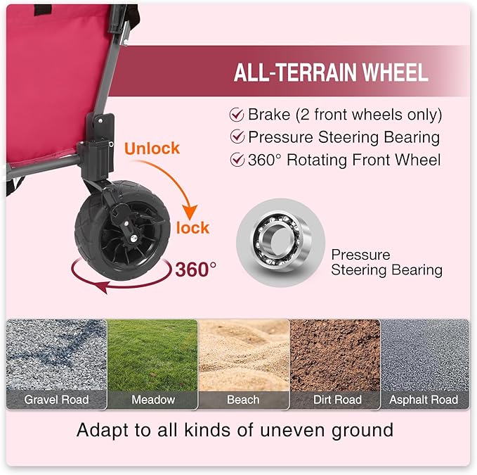 REDCAMP Folding Dog Wagon Cart with Removable Canopy Heavy Duty, 220L Large Collapsible Utility Cart Dog Stroller with Tailgate for Sports Shopping Pet, Pink