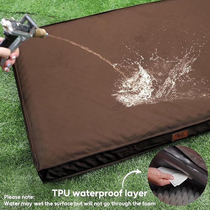 Outdoor Dog Bed for Small Dogs & Cats, Waterproof Dog Crate Mat Orthopedic Egg Crate Foam with Washable Removable Oxford Cover, Brown