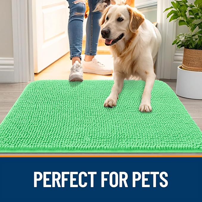 OLANLY Dog Door Mat for Muddy Paws 36x24, Absorbs Moisture and Dirt, Absorbent Non-Slip Washable Doormat, Quick Dry Chenille Mud Mat for Dogs, Entry Indoor Entryway Carpet for Inside Floor, Mint Green