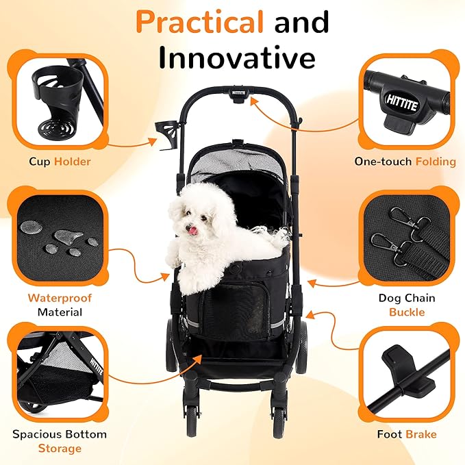 HITTITE Pet Stroller with Weatherproof Cover, All-Terrain 4-Wheel Cat & Dog Stroller with Adjustable Canopy, Foldable Dog Strollers with Storage Basket for Small to Medium Dogs Up to 55 lbs.