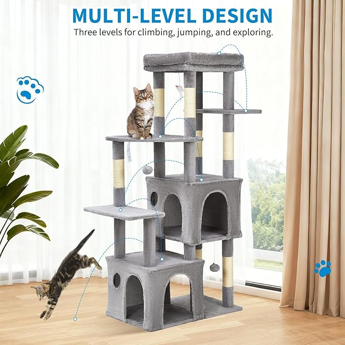 Cat Tree - 157cm Tall, Sisal Wrapped Scratching Post, Cat Nest, Hanging Ball, Extended Platform