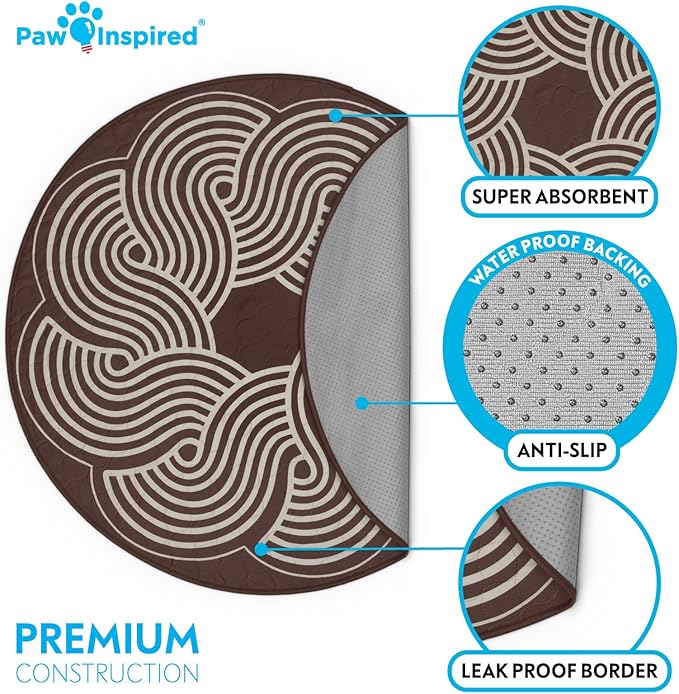 2ct Paw Inspired Round Designer Dog Pads | Premium Washable Pee Pads | Reusable Puppy Pads for Potty Training, Whelping, Waterproof Mat | Leakproof, Non-Slip Liner (Brown, 36")