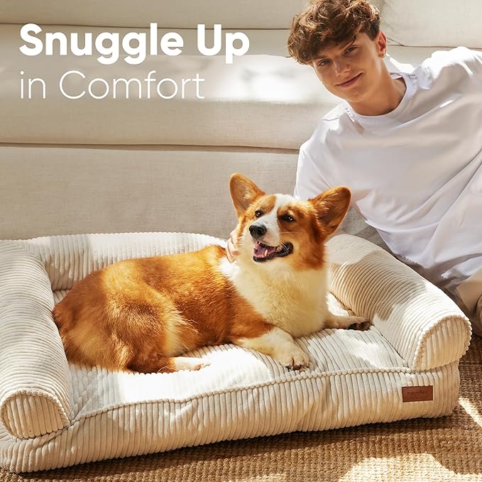 FUKUMARU Dog Couch Bed, Corduroy Cozy Cat Bed for Indoor Cats with Washable Cover, 28in Waterproof Orthopedic Dog Beds Sofa for Small Dogs and Large Cats, Cute Warm Cotton Pet Sofa, Cream