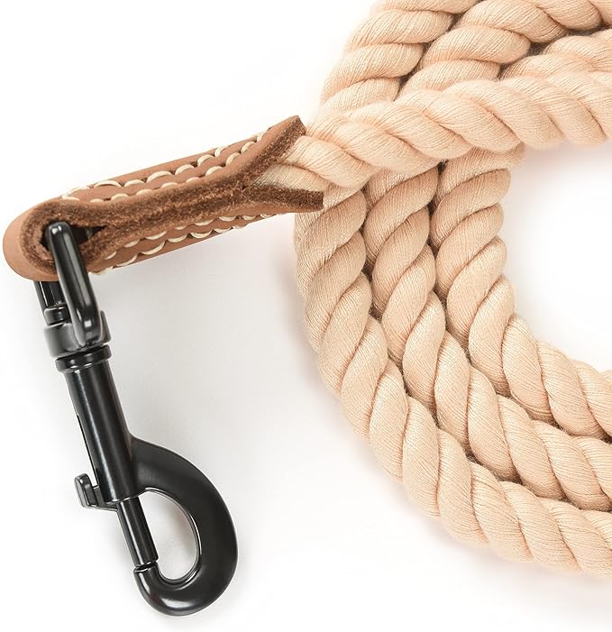 Mile High Life Dog Leash, Braided Cotton Rope Leashes with Leather Tip - Heavy Duty Metal Clasp, 4FT, 1/2" Thick - Wedding, Walking & Training Leash for Small Medium Large Dogs (Light Brown)