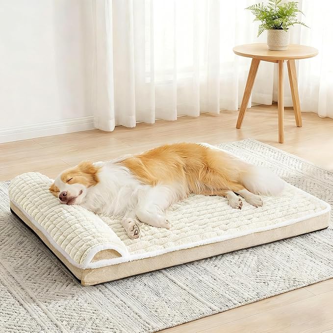 Orthopedic XL Dog Bed Large Sized Dog with Pillow 48''X30'', Waterproof Soft Comfortable Egg Crate Foam Pet Crate Beds Mat with Removable Washable Cover and Non-Slip Bottom, Cream