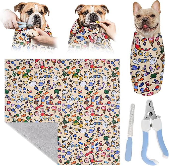 Cat Grooming Wrap & Dog Restraint Bag with Pet Nail Clippers Kit, 32x32in Self Adhesive Cat Wrap for Nail Clipping Multifunctional Care, Anti-Escape Soft Blanket Swaddle Within 22lbs