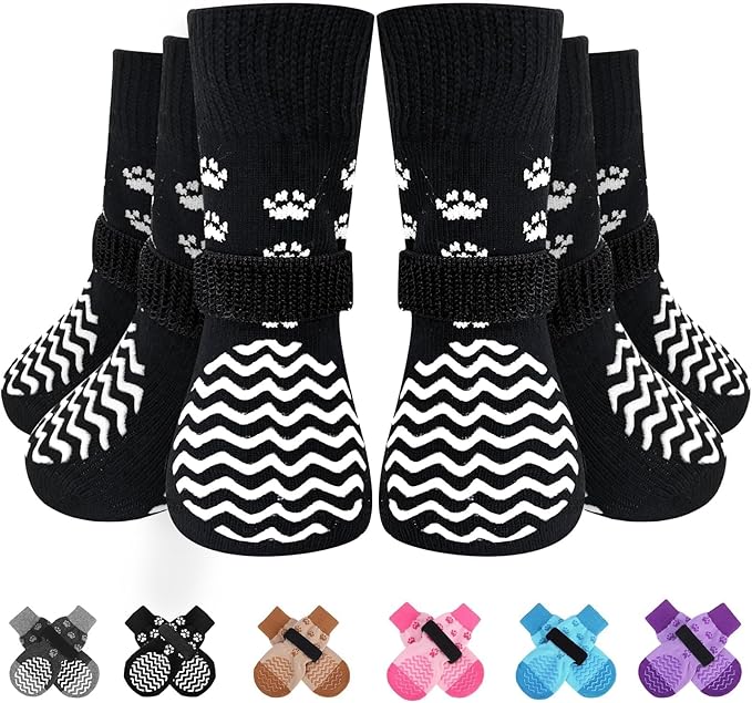 EXPAWLORER 6Pcs Anti Slip Dog Socks to Prevent Licking Paws, Dog Shoes for Winter, Double Sides Dog Boots & Paw Protectors Booties for Hardwood Floors with Grippers Small Medium Large Senior Dogs, M