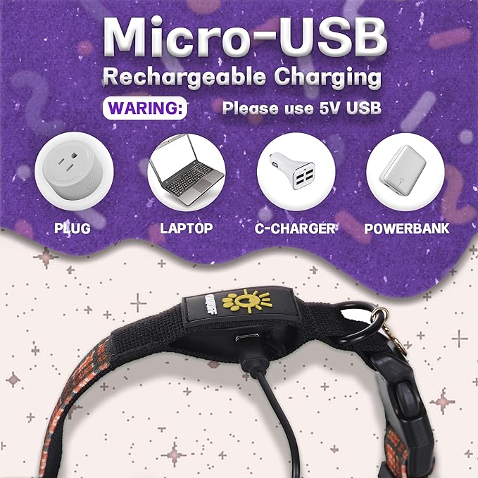 DOGWONG LED Dog Collar - Fall Orange Plaid Heavy Duty Light up Dog Collars - Rechargeable Waterproof - Lighted Dog Collars for Night Walking, Hiking, Camping(Orange Plaid,S)