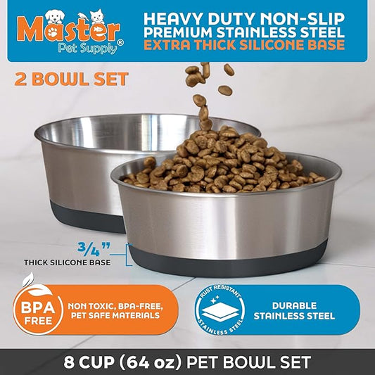 Master Pet Supply Stainless Steel Dog Bowls Set of 2 with Extra Thick Silicone Base - 8 Cup (64 oz) Black Velvet, Non-Slip, Dishwasher Safe Metal Bowls, Pet Dog Food Bowl for Dogs, Cats, Anti Rust