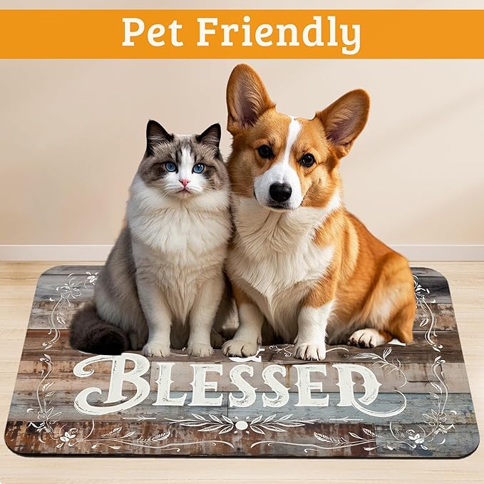 Thankful Feeding Mat,Blessed Absorbent Quick-Dry Cat Dog Food and Water Bowl Mats,Non-Slip Rubber Backing Mat,Cat Dog Accessories Supplies 12" x 20"