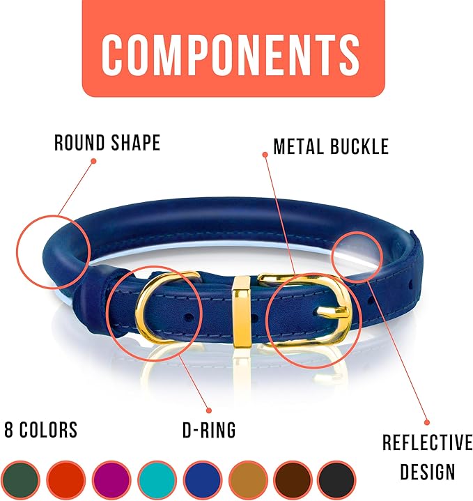 OOPSDOGGY Reflective Rolled Leather Dog Collar Adjustable Soft Padded Pet Collar for Small Medium Large Breed Dogs (Blue, S, 10"-13")