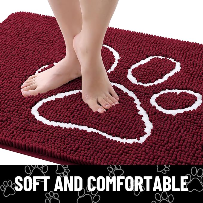 Smiry Dog Door Mat for Muddy Paws, Absorbent Dirt Trapper Non Slip Quick Dry Washable Chenille Mat for Mud Dogs, Entry Rug for Indoor and Outdoor (36x24 Inches, Burgundy and White)