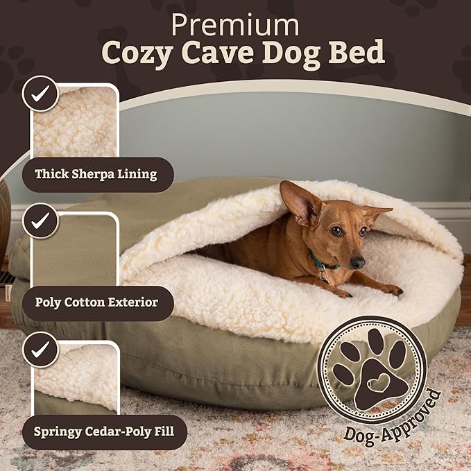 Snoozer Cozy Cave Dog Bed - Indoor Dog Bed with Cover Cave, Covered Calming Burrow for Small & Medium Sized Pets with Blanket Attached, Enclosed, Removable Washable Cover - Large, Khaki