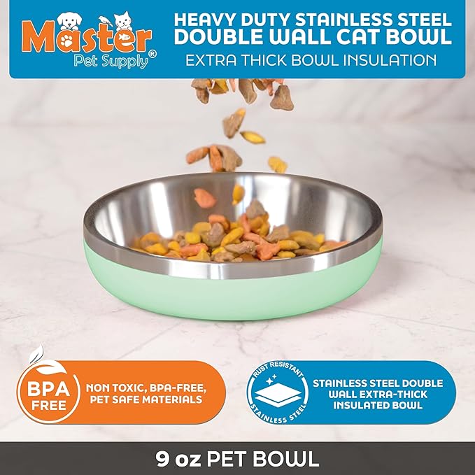 Master Pet Supply Stainless Steel Cat Bowls - 9 oz Heavy Duty - Pistachio, Double Wall Extra-Thick Insulated, Non-Slip Pet Water Bowl for Cats & Pets, Anti Rust Metal, Dishwasher Safe
