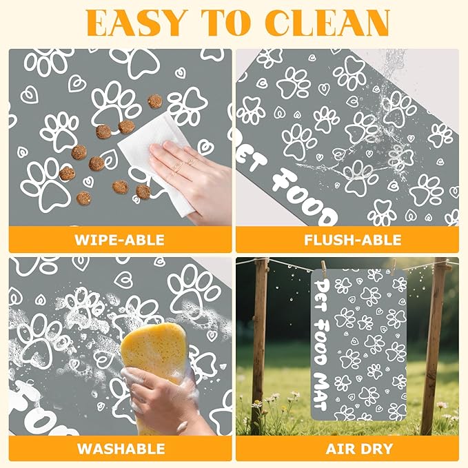 Dog Food Mat Absorbent,16"×24" Pet Mat for Floors Waterproof Quick Dry Dog Bowl Mat for Food and Water No Stains Non Slip Cat Feeding Mat Pet Supplies Paw Dark Gray