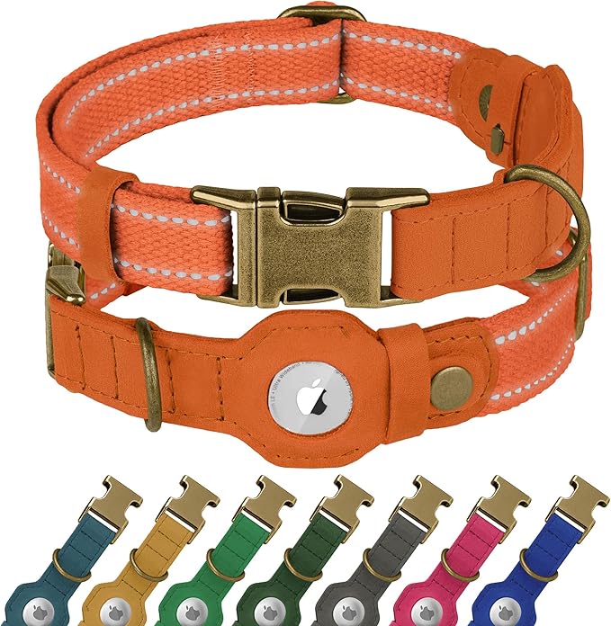 Reflective Leather Dog Collar with AirTag Holder - Soft Apple Airtag Dog Collar with Metal Buckle - Safety Cotton Pet Collars for Dogs Small Large Dogs Puppy (Orange, M, 14"-18")