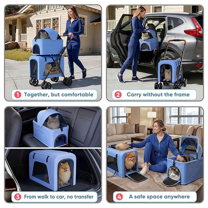 Magshion Foldable Double Pet Stroller for 2 Small & Medium Dogs and Cats, Detachable Top & Bottom Carriers, Breathable Mesh, One-Click Fold, Cat Stroller with No Zip Entry