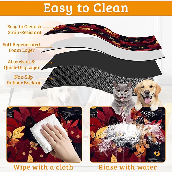 Dog Bowl Mat,Black Cat Pet Feeding Mat for Floors Waterproof,Forest Red Absorbent Dogs Placemat for Food and Water Quick Dry Pet Cat Feeding Mats with Non Slip Bottom 12" x 20"