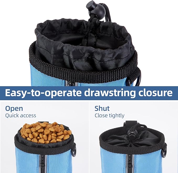 Ownpets Small-Size Pet Training Treat Pouch with Drawstring Closure - Dog Treat Bag for Leash, Carabiner Hook, Poop Bag Holder & Reflective Strip, 825ml Capacity (Blue)