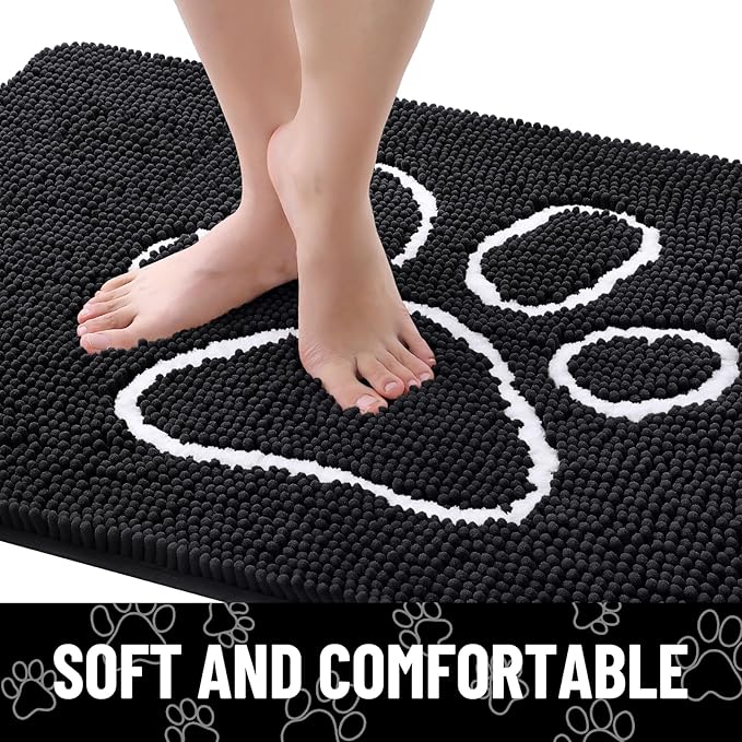Smiry Dog Door Mat for Muddy Paws, Absorbent Dirt Trapper Non Slip Quick Dry Washable Chenille Mat for Mud Dogs, Entry Rug for Indoor and Outdoor (70x24 Inches, Black and White)