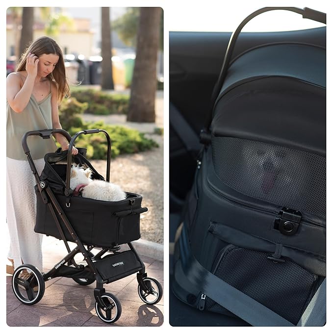 X3 2 in 1 Pet Stroller for Medium or Two Small Dogs & Cats 4 Wheels Lightweight Foldable Carrier Dog Stroller with Waterproof Weather Cover Cup Holder,Storage Basket(Black)