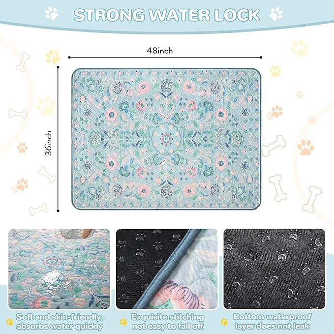 Lahome Washable Reusable Pee Pads for Dogs - Blue Botanical Floral 2 Pack Puppy Pads, Super Absorbent & Waterproof Dog Training Mats for Potty & Crate - Leakproof with Non-Slip Backing (36"x48")