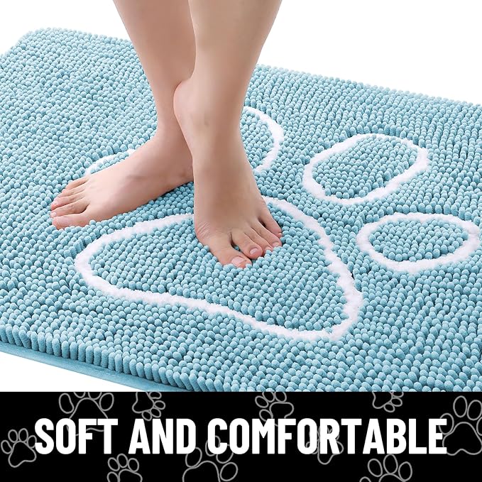 Smiry Dog Door Mat for Muddy Paws, Absorbent Dirt Trapper Non Slip Quick Dry Washable Chenille Mat for Mud Dogs, Entry Rug for Indoor and Outdoor (40x32 Inches, Sky Blue and White)