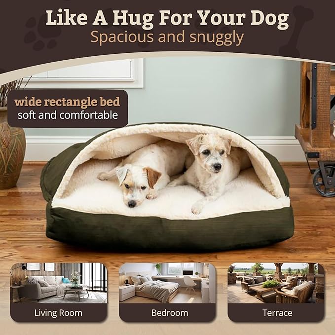 Snoozer Rectangle Cozy Cave Dog Bed - Indoor Dog Bed with Cover Cave, Covered Calming Burrow for Medium & Large Sized Pets with Blanket Attached, Enclosed, Washable Cover - Large, Olive