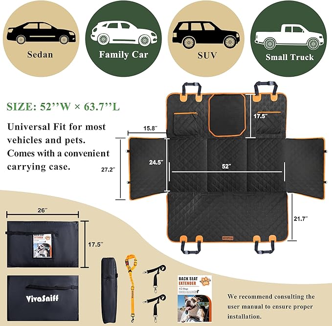 Dog Car Seat Cover for Back Seat,Hard Bottom Back Seat Extender for Dogs,Waterproof 600D Heavy Duty Car Seat Protector Dog Hammock for Car, SUV, Small Truck(Black & Orange)
