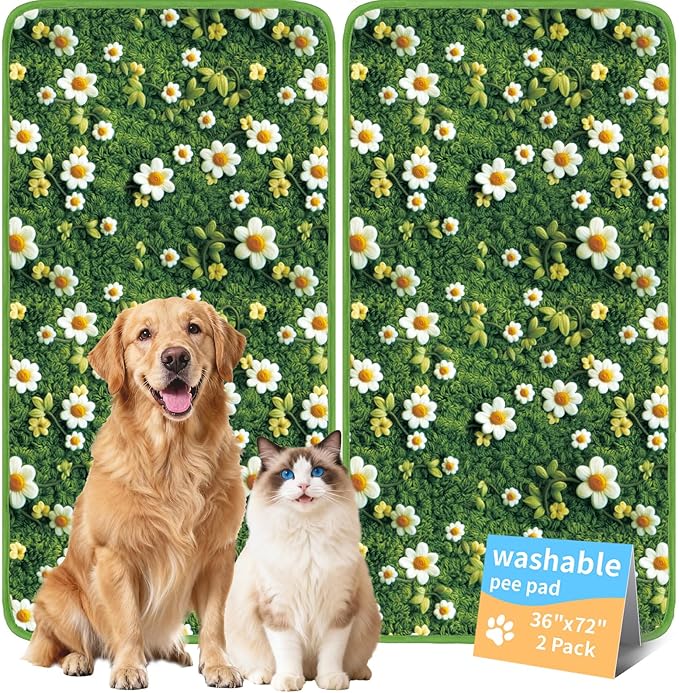 Dog Pee Pads Training Pads Upgrade Triple Thickness All-Purpose Super Absorbent & Leak-Proof, Quick Dry and Leak-Proof and Odor Control (Yellow Daisy on Green, 36" x72"x2PCS)